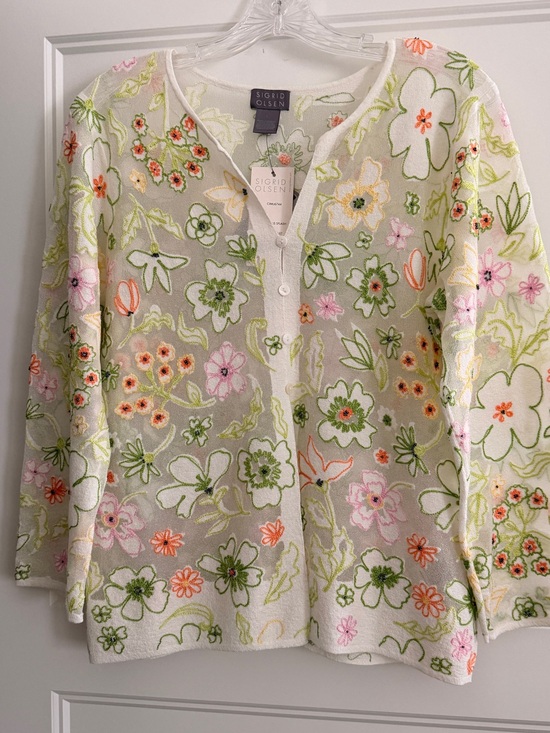 Sigrid Olsen Sweaters - Sigrid Olsen White Floral Embroidered Button-Front Top